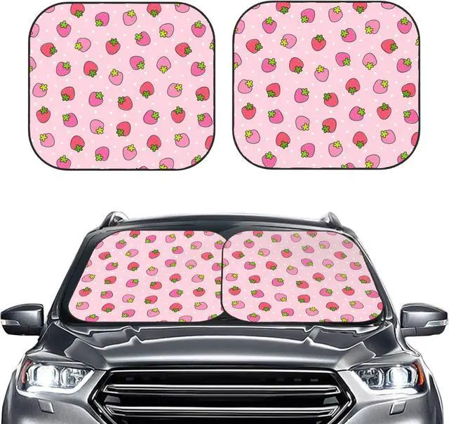 Alt view image 4 of 7 - KiuLoam 2 Piece Car Windshield Sun Shade, Cute Strawberry Pink Print Sunshades Sun Visor Protector Blocks UV Rays Foldable Keep Your Vehicle Cool for Most Sedans SUV Truck, Medium