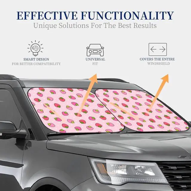 Alt view image 6 of 7 - KiuLoam 2 Piece Car Windshield Sun Shade, Cute Strawberry Pink Print Sunshades Sun Visor Protector Blocks UV Rays Foldable Keep Your Vehicle Cool for Most Sedans SUV Truck, Medium