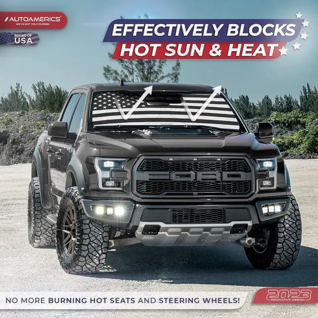 Alt view image 3 of 7 - Autoamerics 1-Piece Windshield Sun Shade B&W American Flag USA Patriotic Design - Foldable Car Fits Easily to SUV & Truck Vehicles UV Ray Blocker Keeps Your Vehicle Cool Large