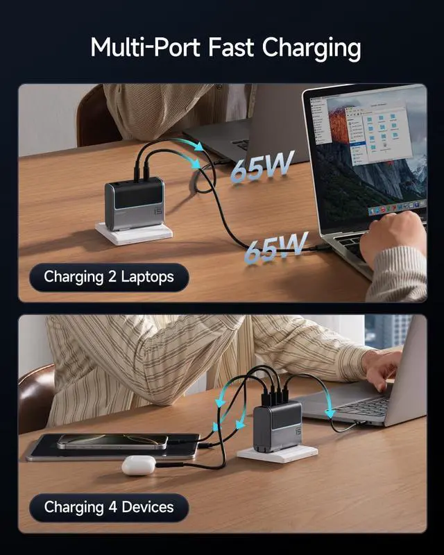 Alt view image 3 of 7 - CUKTECH 15 140W USB C Charger, 4-Port Foldable Laptop Block, Advanced GaN Power Adapter, PD3.1 Fast Charging Wall Charger for MacBook, iPhone 16 Series, Samsung Galaxy, iPad, Pixel, and More