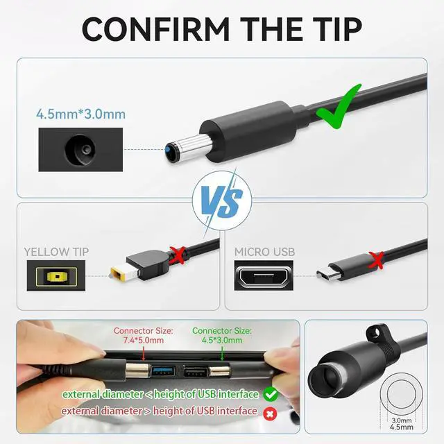 Alt view image 3 of 7 - 90W 65W Laptop Charger for Dell Inspiron 15-3000 15-5000 15-7000 13-5000 13-7000 14 2 in 1 Series 15-3520 3530 3535 5510 16-5640 7640 LA90PM111 Charger for Dell Inspiron Laptop