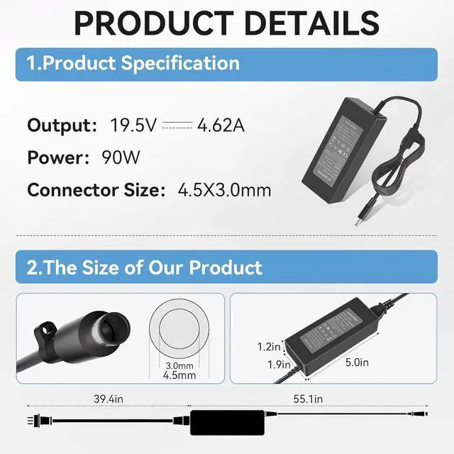Alt view image 4 of 7 - 90W 65W Laptop Charger for Dell Inspiron 15-3000 15-5000 15-7000 13-5000 13-7000 14 2 in 1 Series 15-3520 3530 3535 5510 16-5640 7640 LA90PM111 Charger for Dell Inspiron Laptop