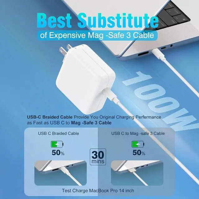 Alt view image 2 of 7 - USB C Charger for MacBook Pro MacBook Air 13 13.6 14 15 16 inch, USB-C M1 M2 M3 M4 2025 2024 2023 2022 2021 2020 2019 2018, Super Compact 100W Power Adapter, 6.6FT Braided Cable, Original Quality