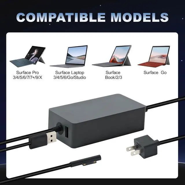 Alt view image 3 of 7 - 65W Surface Pro Laptop Charger for Microsoft Surface Pro X/9/8/7/7+/6/5/4/3, Surface Laptop Studio, Surface Laptop & Surface Go Series  Fast Charging, Portable,Safe and Durable