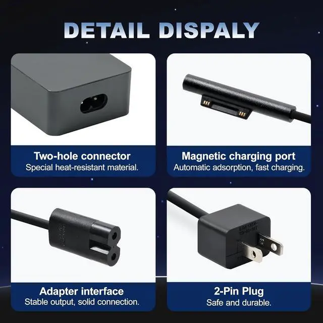Alt view image 5 of 7 - 65W Surface Pro Laptop Charger for Microsoft Surface Pro X/9/8/7/7+/6/5/4/3, Surface Laptop Studio, Surface Laptop & Surface Go Series  Fast Charging, Portable,Safe and Durable