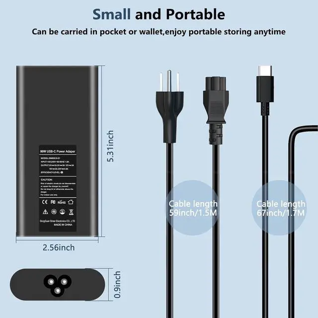 Alt view image 2 of 7 - New Slim 90W Laptop Charger USB C for  Latitude 5420 5520 7480 7490 7420 Chromebook 3100  XPS 13 9360 XPS15 9550 9560 DA65NM190 LA65NM190 Type C AC Adapter Power Cord