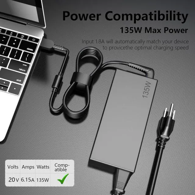Alt view image 7 of 7 - 135W Charger for  Thinkpad X1 Extreme Gen 1 2 3 4 5 4X20E50558 888015027 ADL135NDC3A Laptop Adapter Slim Tip
