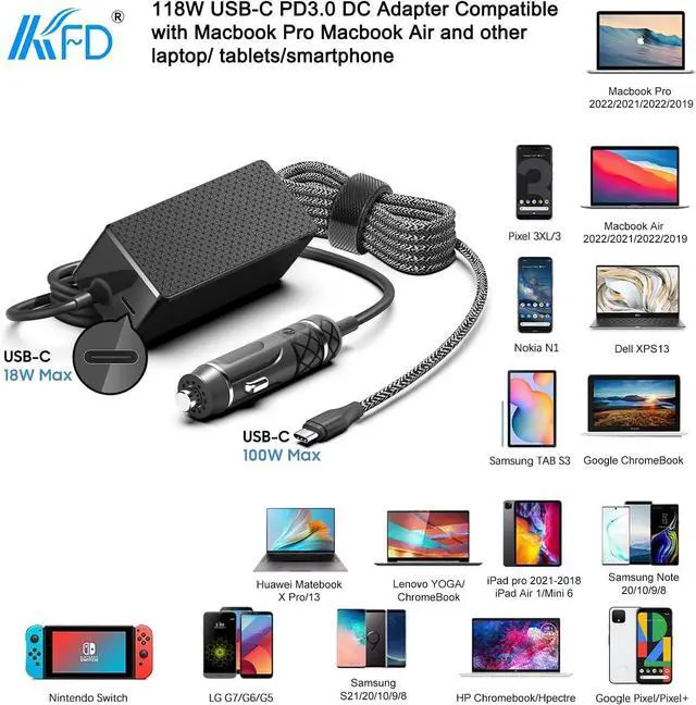 Alt view image 3 of 7 - KFD PD118W 100W 90W USB-C Laptop Car Charger DC Adapter Power Supply for DJI Mavic MacBook Pro Air M4 LG Gram Razer MSI Dell HP Lenovo Acer Samsung Asus Rog Ally Surface Laptop Tablet Phone Speaker