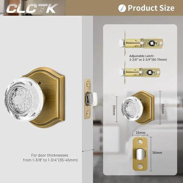 Alt view image 5 of 6 - Glass Door Knobs Interior with Lock, Vintage Crystal Privacy Antique Brass Door Knobs for Bedroom Bathroom, 1 Pack