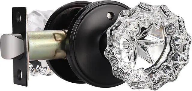 Main image of KNOBWELL Modern Round Crystal Door Knobs with Lock, Frosted Glass Door Knobs Interior, Privacy Function for Bed and Bath, Matte Black Door Lock