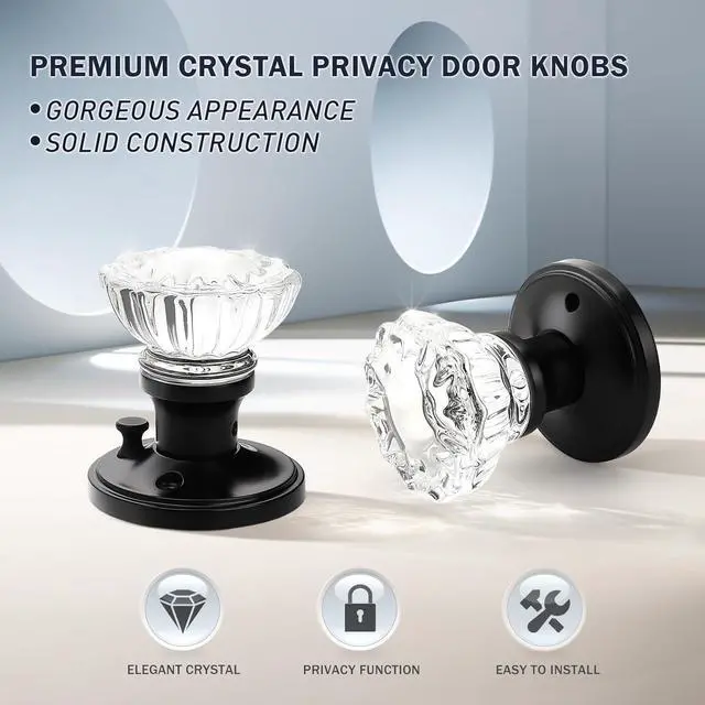 Alt view image 2 of 7 - KNOBWELL Modern Round Crystal Door Knobs with Lock, Frosted Glass Door Knobs Interior, Privacy Function for Bed and Bath, Matte Black Door Lock