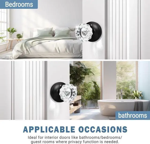 Alt view image 3 of 7 - KNOBWELL Modern Round Crystal Door Knobs with Lock, Frosted Glass Door Knobs Interior, Privacy Function for Bed and Bath, Matte Black Door Lock