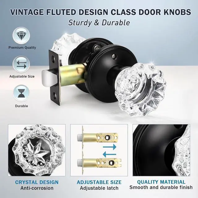 Alt view image 5 of 7 - KNOBWELL Modern Round Crystal Door Knobs with Lock, Frosted Glass Door Knobs Interior, Privacy Function for Bed and Bath, Matte Black Door Lock