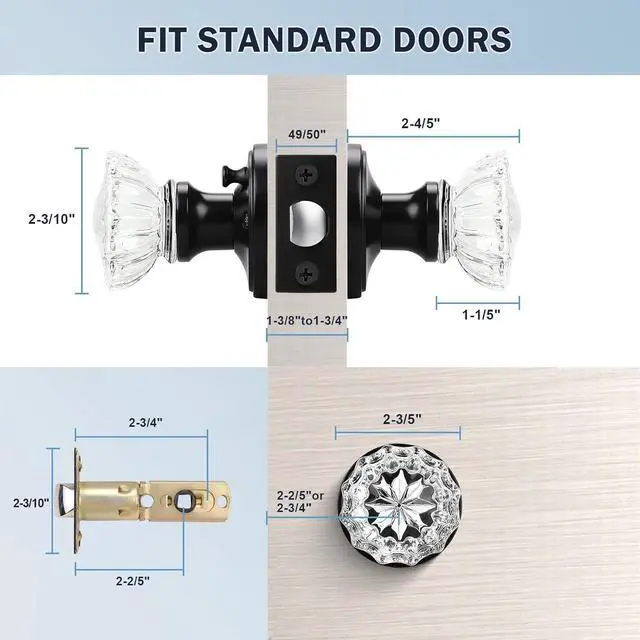 Alt view image 6 of 7 - KNOBWELL Modern Round Crystal Door Knobs with Lock, Frosted Glass Door Knobs Interior, Privacy Function for Bed and Bath, Matte Black Door Lock