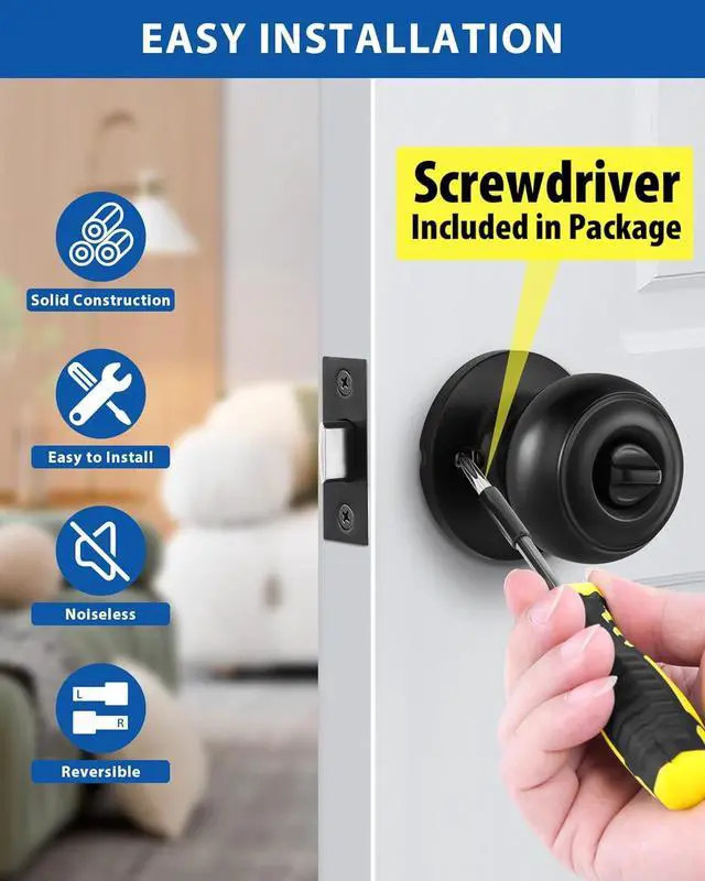 Alt view image 2 of 7 - 5 Pack Interior Door Knobs for Bedroom or Bathroom Keyless, Black Privacy Door Knob, Round Ball Bath/Bed Door Locks