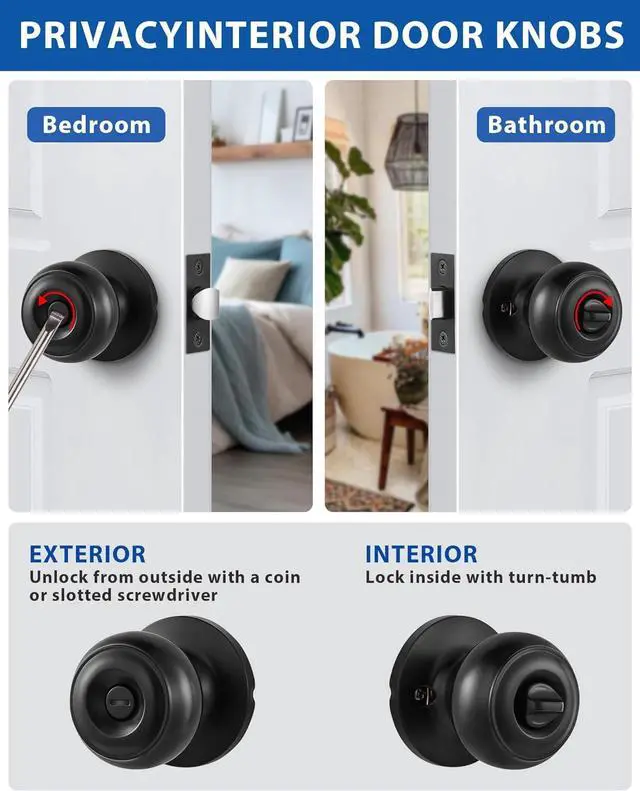 Alt view image 4 of 7 - 5 Pack Interior Door Knobs for Bedroom or Bathroom Keyless, Black Privacy Door Knob, Round Ball Bath/Bed Door Locks
