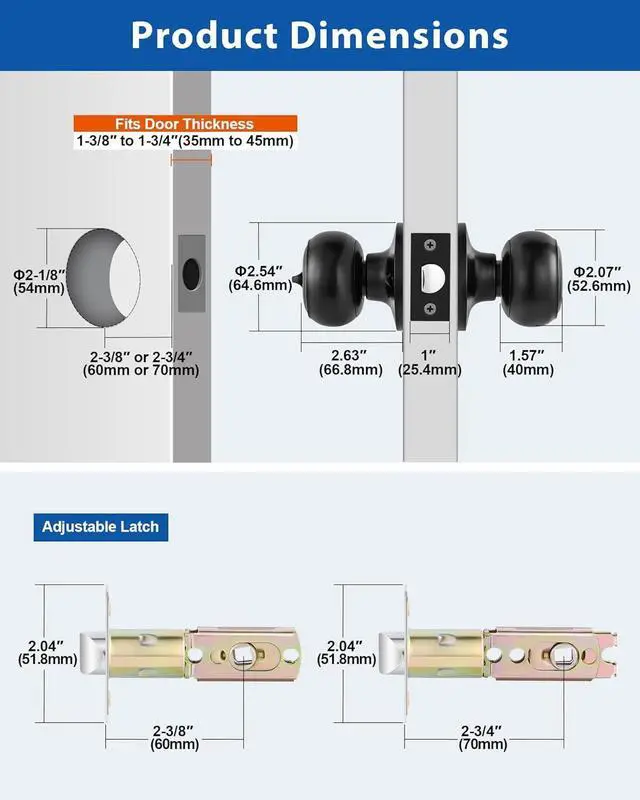Alt view image 6 of 7 - 5 Pack Interior Door Knobs for Bedroom or Bathroom Keyless, Black Privacy Door Knob, Round Ball Bath/Bed Door Locks