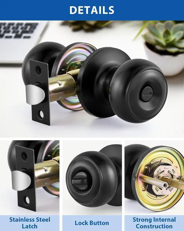 Alt view image 7 of 7 - 5 Pack Interior Door Knobs for Bedroom or Bathroom Keyless, Black Privacy Door Knob, Round Ball Bath/Bed Door Locks