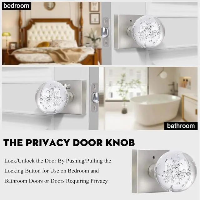Alt view image 4 of 6 - Glass Door Knobs Interior with Lock, Crystal Door Knobs Round Privacy Clear Bubble for Bed Bath Brushed Nickel