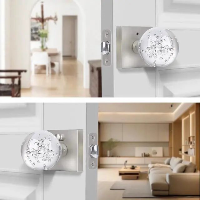Alt view image 5 of 6 - Glass Door Knobs Interior with Lock, Crystal Door Knobs Round Privacy Clear Bubble for Bed Bath Brushed Nickel