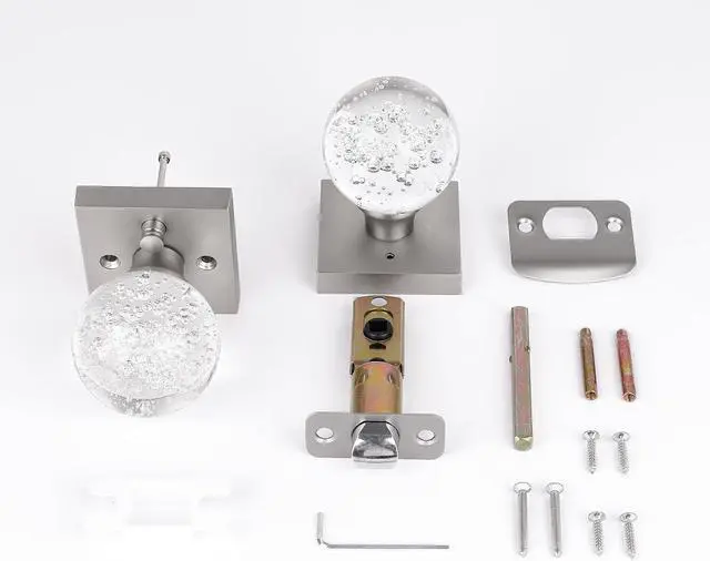 Alt view image 6 of 6 - Glass Door Knobs Interior with Lock, Crystal Door Knobs Round Privacy Clear Bubble for Bed Bath Brushed Nickel