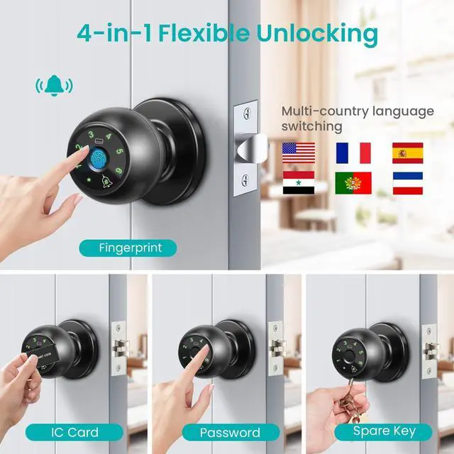 Alt view image 2 of 7 - Smart Fingerprint Door Knob, Biometric Door Lock with Doorbell, 4 Unlock Ways: Fingerprint, IC Card, Password and Spare Key, Keyless Thumbprint Entry Door Lock for Bedroom, Apartment, Rental House