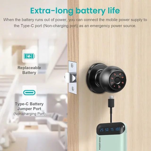 Alt view image 3 of 7 - Smart Fingerprint Door Knob, Biometric Door Lock with Doorbell, 4 Unlock Ways: Fingerprint, IC Card, Password and Spare Key, Keyless Thumbprint Entry Door Lock for Bedroom, Apartment, Rental House