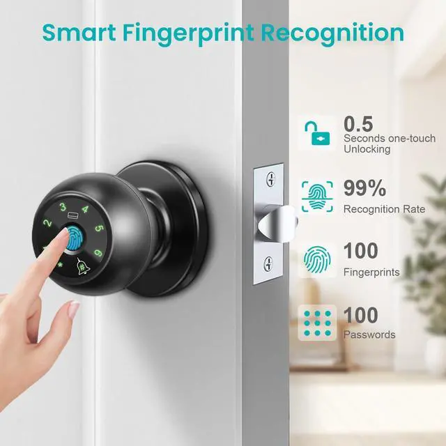 Alt view image 4 of 7 - Smart Fingerprint Door Knob, Biometric Door Lock with Doorbell, 4 Unlock Ways: Fingerprint, IC Card, Password and Spare Key, Keyless Thumbprint Entry Door Lock for Bedroom, Apartment, Rental House