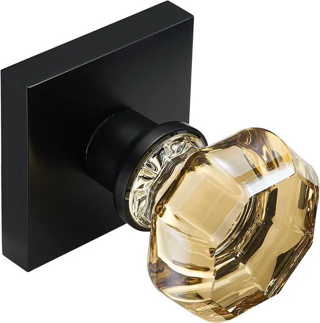 Main image of Champagne Gold Glass Passage Door Knob  Non-Locking Interior Crystal Handle with Matte Black Square Rosette  Elegant Octagonal Style for Hallway, Closet, Kids Room