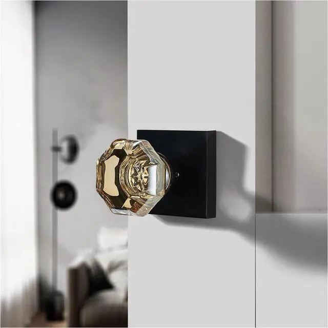 Alt view image 3 of 6 - Champagne Gold Glass Passage Door Knob  Non-Locking Interior Crystal Handle with Matte Black Square Rosette  Elegant Octagonal Style for Hallway, Closet, Kids Room