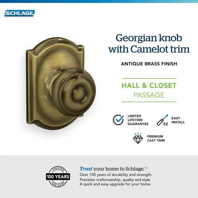 Alt view image 4 of 7 - SCHLAGE F10 GEO 609 CAM Camelot Collection Georgian Passage Knob, Antique Brass