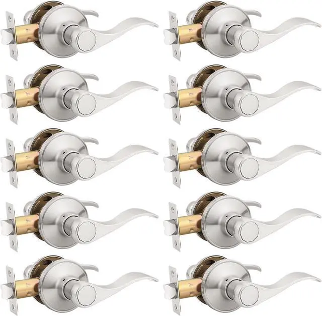 Main image of KNOBWELL 10 Pack Closet Door Handle Passage, Brushed Nickel Interior Door Knob Levers Without Lock/Key, Wave Style Keyless Lever Handles