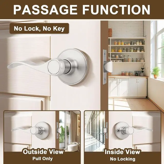 Alt view image 2 of 7 - KNOBWELL 10 Pack Closet Door Handle Passage, Brushed Nickel Interior Door Knob Levers Without Lock/Key, Wave Style Keyless Lever Handles