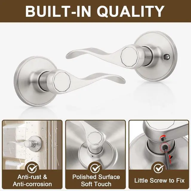Alt view image 3 of 7 - KNOBWELL 10 Pack Closet Door Handle Passage, Brushed Nickel Interior Door Knob Levers Without Lock/Key, Wave Style Keyless Lever Handles