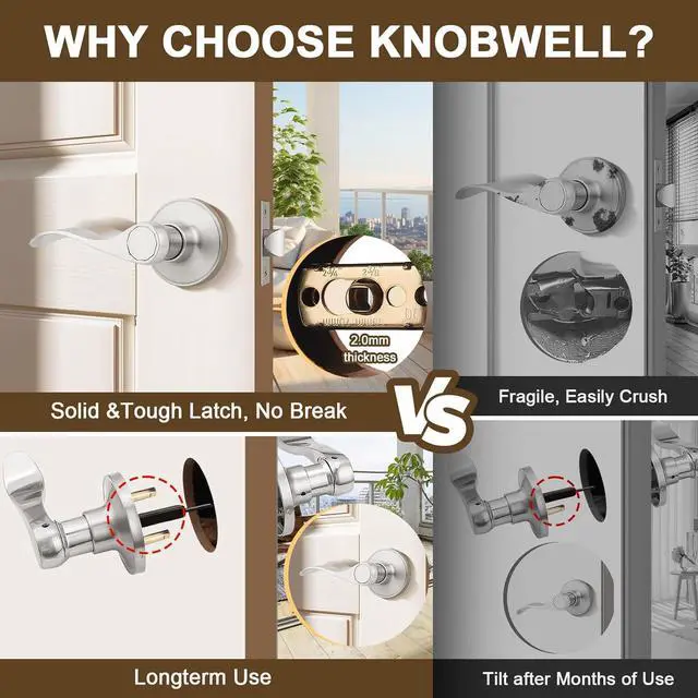 Alt view image 5 of 7 - KNOBWELL 10 Pack Closet Door Handle Passage, Brushed Nickel Interior Door Knob Levers Without Lock/Key, Wave Style Keyless Lever Handles