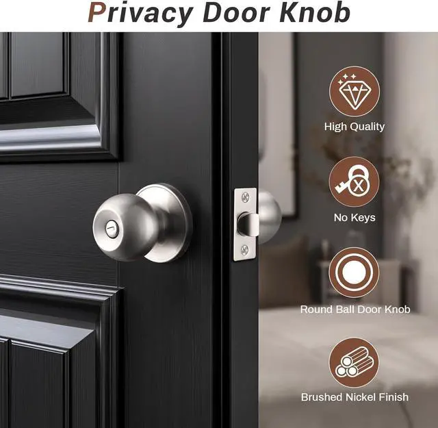 Alt view image 2 of 7 - 10 Pack Bedroom/Bathroom Satin Nickel Door Knobs Privacy Door Sets Hardware Interior Ball Shap Door Handles