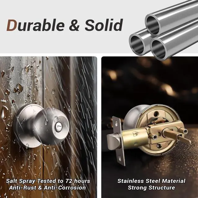Alt view image 4 of 7 - 10 Pack Bedroom/Bathroom Satin Nickel Door Knobs Privacy Door Sets Hardware Interior Ball Shap Door Handles