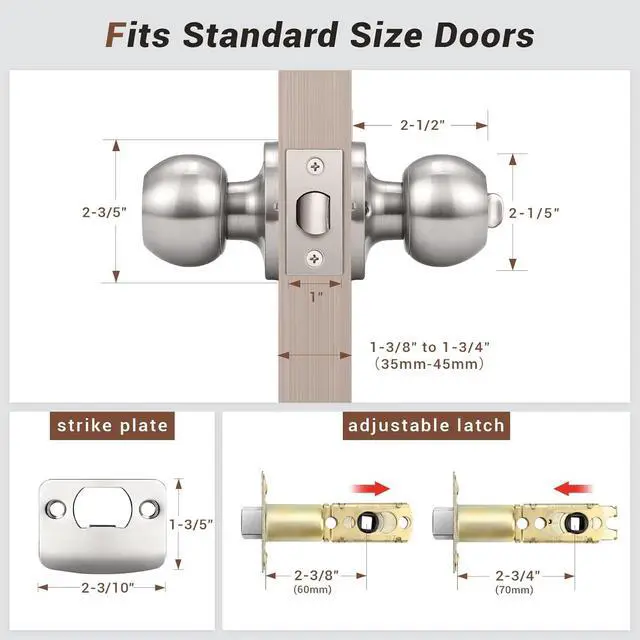 Alt view image 6 of 7 - 10 Pack Bedroom/Bathroom Satin Nickel Door Knobs Privacy Door Sets Hardware Interior Ball Shap Door Handles