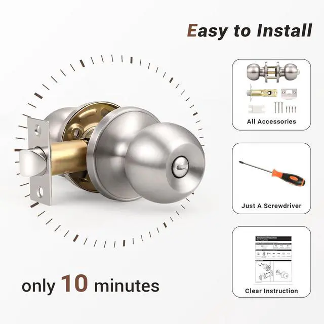 Alt view image 5 of 7 - 10 Pack Bedroom/Bathroom Satin Nickel Door Knobs Privacy Door Sets Hardware Interior Ball Shap Door Handles