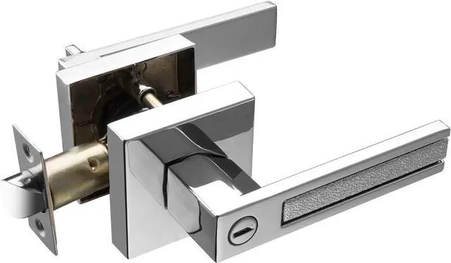 Main image of Bright Chrome Door Handles, Privacy Door Knobs Interior, Heavy Duty Door Levers Rectangle Slot for Bath & Bed