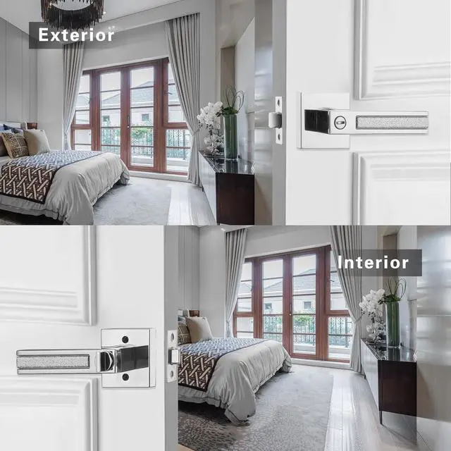 Alt view image 2 of 6 - Bright Chrome Door Handles, Privacy Door Knobs Interior, Heavy Duty Door Levers Rectangle Slot for Bath & Bed