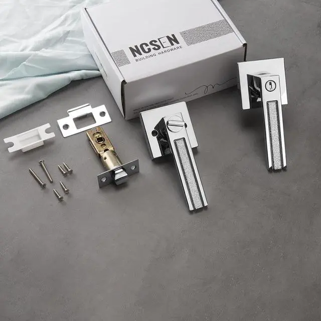 Alt view image 4 of 6 - Bright Chrome Door Handles, Privacy Door Knobs Interior, Heavy Duty Door Levers Rectangle Slot for Bath & Bed