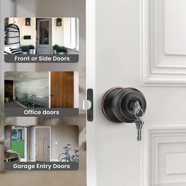 Alt view image 4 of 7 - Haidms Oil Rubbed Bronze Door Knobs, Exterior Door Knobs, Classic Locking Door Knob with Key, Bronze Keyed-Alike Entry Door Knob (3 Pack)