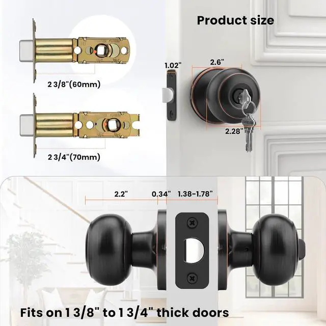 Alt view image 5 of 7 - Haidms Oil Rubbed Bronze Door Knobs, Exterior Door Knobs, Classic Locking Door Knob with Key, Bronze Keyed-Alike Entry Door Knob (3 Pack)