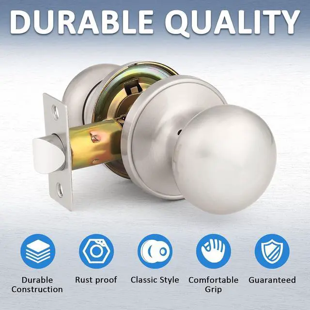Alt view image 4 of 6 - Mengico 6 Pack Door Lock,Satin Nickel Interior Door Lock,Door Knob Handle Passage Lock(for Hallway&Closet),Brushed Nickel Door Knobs Interior