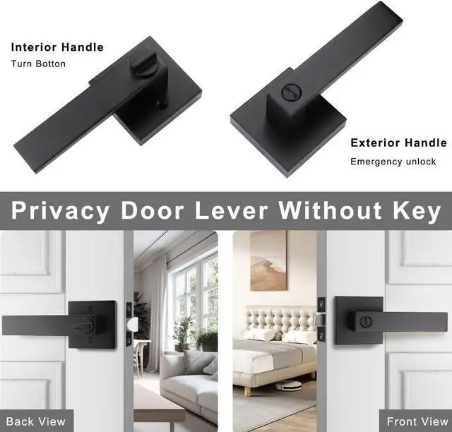 Alt view image 2 of 6 - 8 Pack Black Bed Bath Door Lever, Square Privacy Lever Door Handles, Keyless Heavy Duty Interior Door Handles, Reversible for Left Right Doors