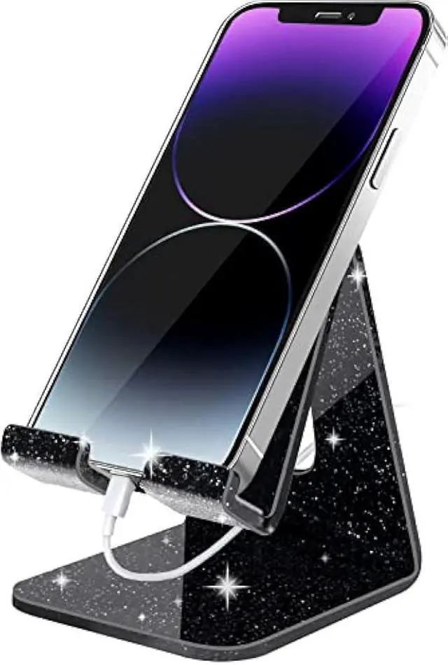 Main image of Crpich Acrylic Cell Phone Stand, Portable Phone Holder, Phone Stand for Desk, Compatible with Phone16 15 14 13 12 Pro Max Mini 11 Xr 8 Plus SE, Switch, Android Smartphone, Pad, Tablet, Glitter Black