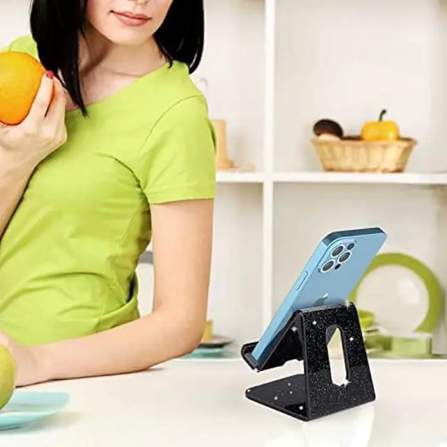 Alt view image 5 of 7 - Crpich Acrylic Cell Phone Stand, Portable Phone Holder, Phone Stand for Desk, Compatible with Phone16 15 14 13 12 Pro Max Mini 11 Xr 8 Plus SE, Switch, Android Smartphone, Pad, Tablet, Glitter Black
