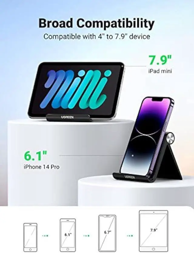 Alt view image 4 of 5 - UGREEN Cell Phone Stand Holder for Desk Adjustable Compatible with iPhone 13 12 Pro Max 11 SE XS XR 8 Plus 6 7 Galaxy Note20 S20 S10 S9 S8 Foldable Black