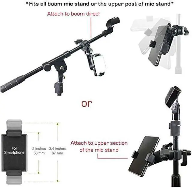 Alt view image 3 of 6 - AccessoryBasics Music Boom Mic Microphone Stand Smartphone Mount w/360° Swivel Adjust Holder for all smartphones up to 3.75 inches wide (Zoom Video Compatible)